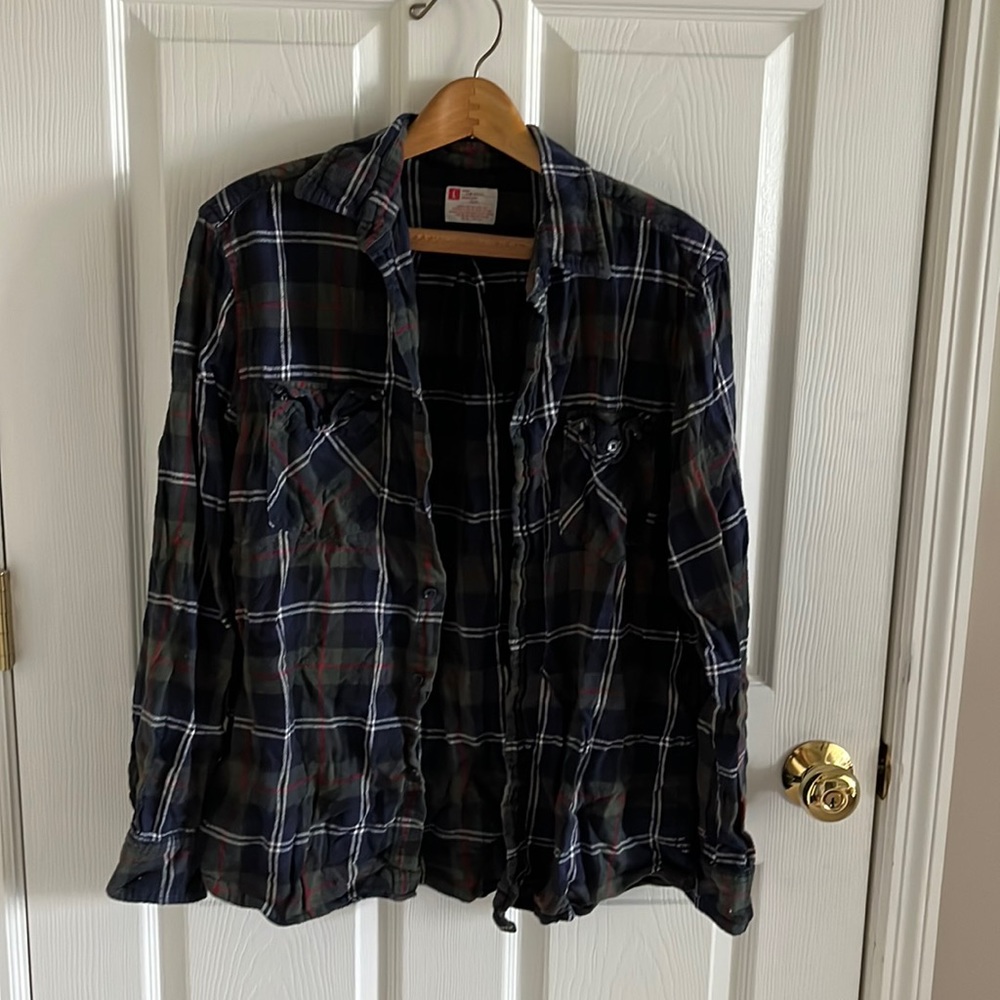 Fieldcrest Luxury Dark Green & Blue Plain Button Down Flannel Size Large